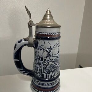 Avon Blue and White Ceramic Stein with Pewter Lid